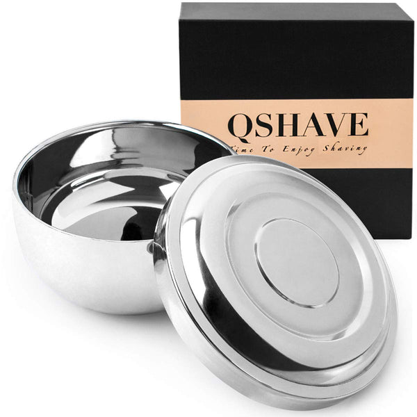 QSHAVE Stainless Steel Shaving Bowl with Lid - 4 Inch Diameter Chrome Plated Finish