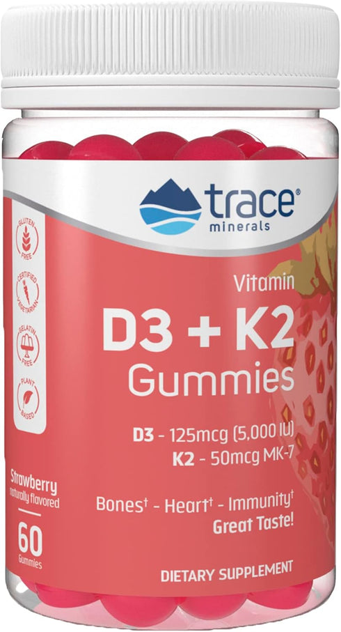 Trace Minerals Vitamin D3 + K2 Gummies - 60 Servings with 5,000 IU D3 + 50 mcg K2, Vegan, Sugar Free
