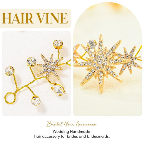 Yean Gold Star Wedding Hair Vine, Rhinestone Headpiece and Crystal Bridal Hair Accessories for Women