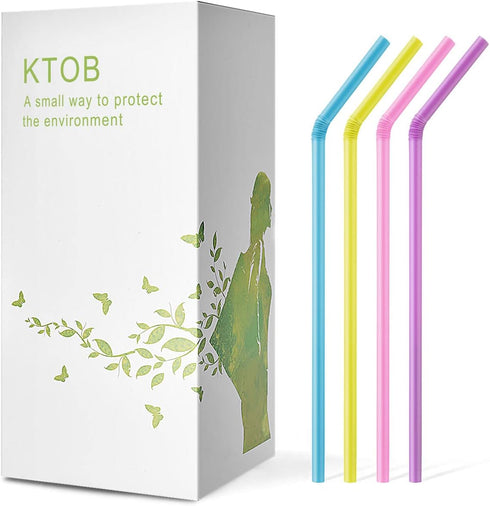KTOB Biodegradable Flexible Drinking Straws, 200 Count 100% Plant-Based Compostable Colorful Eco Friendly Alternative