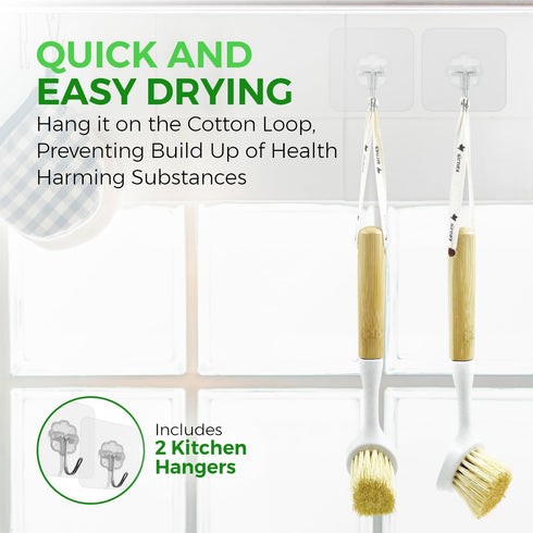 Set 2 AIRNEX Bamboo Dish Brush of - Dishwasher Brush w/Handle Made of Wheat Straw & Sisal Bristles - Non Scratch