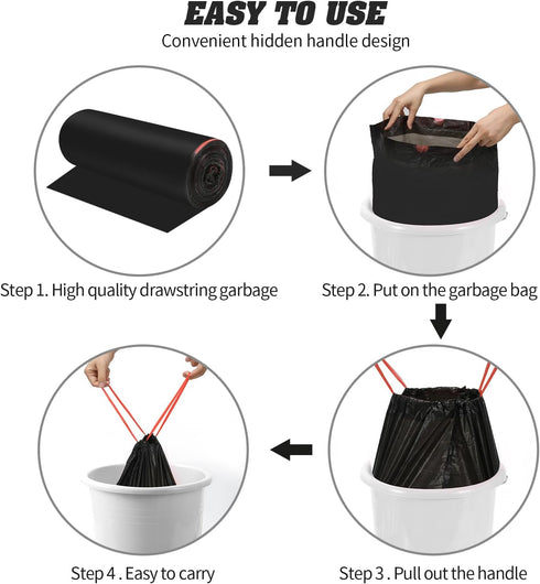 4 Gallon Drawstring Trash Bags, 60 Counts (3 Rolls) for Office, Bathroom, Kitchen, Bedroom, Black Garbage Bags