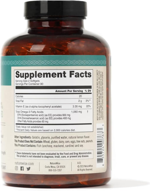 NatureWise Extra-Strength Omega 3 Fish Oil Supplement, 1000mg per Serving, 180 Softgels, Support for Heart & Brain