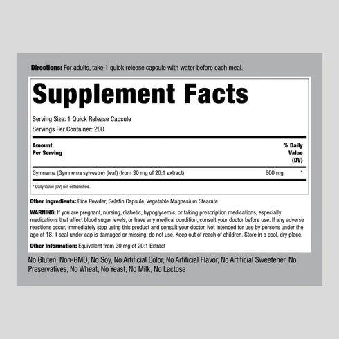 Piping Rock Gymnema Sylvestre Supplements 600 mg | 200 Capsules | Concentrated Herbal Extract | Non-GMO and Gluten Free