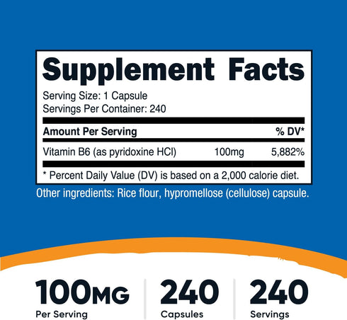 Nutricost Vitamin B6 (Pyridoxine HCl) 100mg, 240 Capsules
