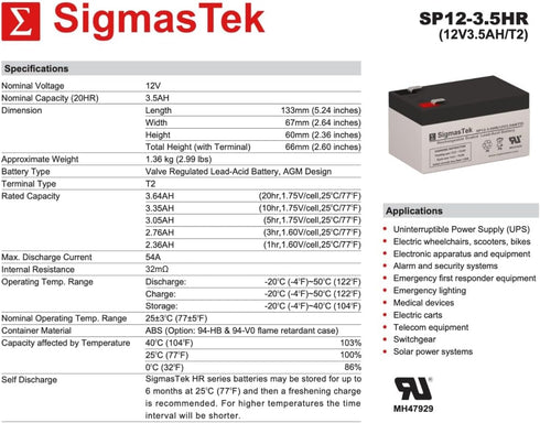 SigmasTek BP3.6-12-F2 12V 3.5Ah T2 SP12-3.5HR (T2) Compatible Battery