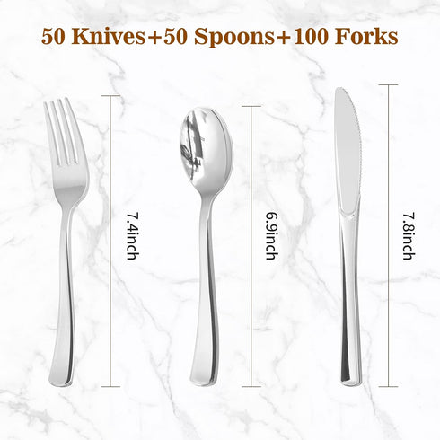 200PCS Silver Plastic Silverware, Silver Disposable Utensils, Heavy Duty Cutlery Set of 100 Silver Forks, 50 Silver Spoons, 50 Silver Knives for Parties, Weddings, Catering and Daily Use by BESTVIP