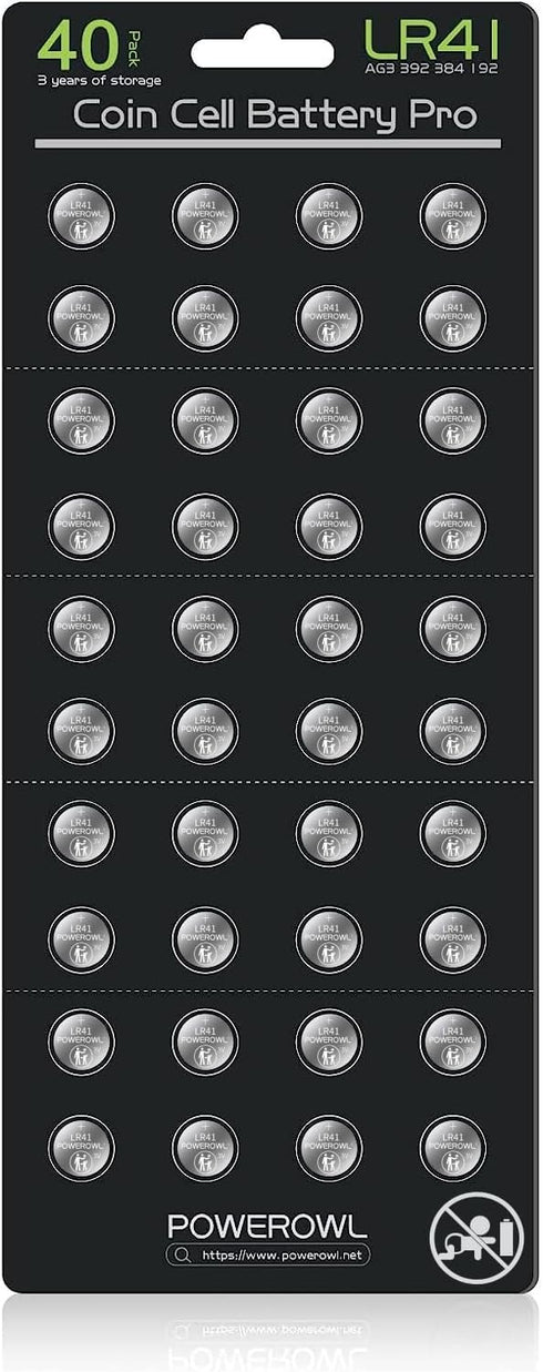 POWEROWL High Capacity LR41 Batteries (40 Pack), AG3 L736 392 384 192 Premium Alkaline Battery 1.5V