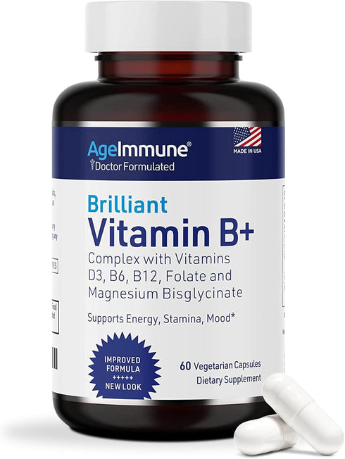 Vitamin B Complex with Vitamin D3, B12, B6, Magnesium Bisglycinate, and Folate, 60 Capsules