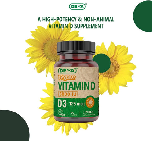 DEVA Sunshine Vitamin D3 5000 IU, 125 mcg Vegan D3, 90-Count Bottle (Pack of 2)
