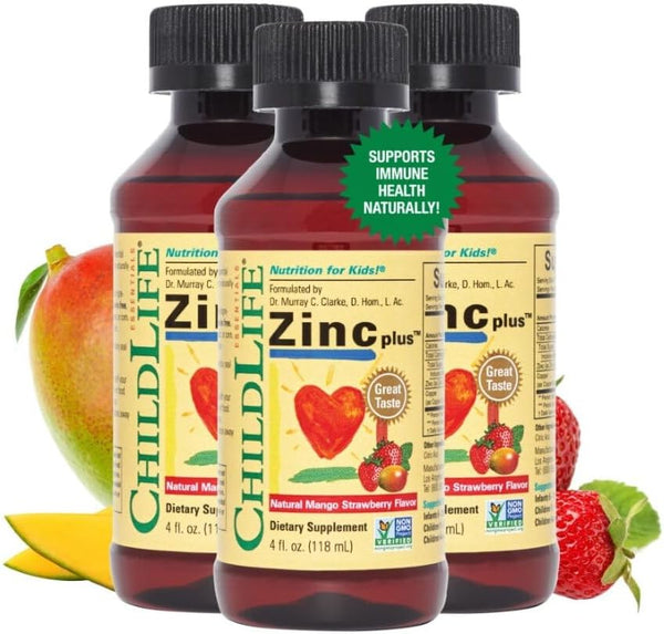 ChildLife Essentials Liquid Zinc Plus, 4 Fl Oz, All-Natural Support for Kids, Mango Strawberry Flavor