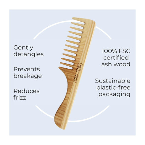TEK Wide Tooth Wooden Comb, Handmade in Italy, Natural Ash Wood Handle