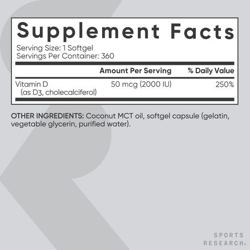 Sports Research Vitamin D3 2000 IU with Coconut MCT Oil, 360 Liquid Softgels for Immune & Bone Support
