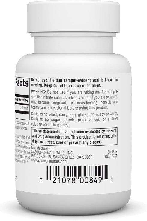 Source Naturals N-Acetyl Cysteine Antioxidant Support, 600 mg Dietary Supplement for Respiratory Health, 30 Tablets
