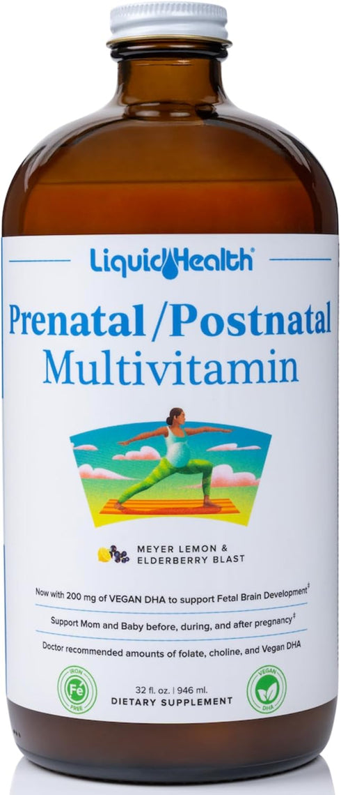 LIQUIDHEALTH Prenatal/Postnatal Liquid Women's Multivitamin with Real Folate, Vegan, Sugar-Free (32 oz)