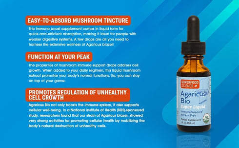 Immune 30 ml Agaricus Bio Super Liquid, Organic Blazei Mushroom Extract Tincture, Fruiting Body Beta-Glucan Drops