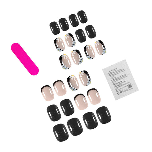 Press on Nails Short Square Black French Fake Nails, 24 Pcs Full Cover with Designs for Women and Girls.