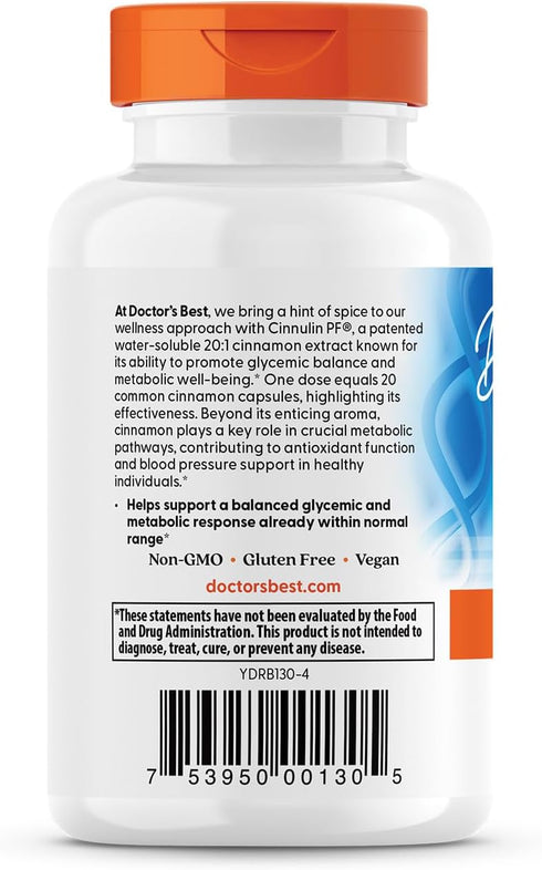 Doctor's Best Cinnamon Extract Cinnulin Pf | 125 mg, 60 Veggie Caps - Non-GMO, Vegan, Gluten Free