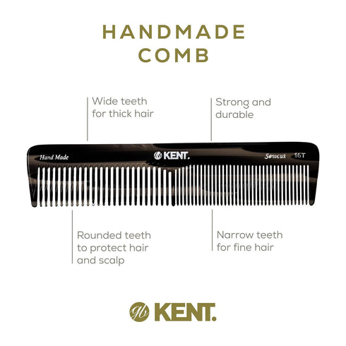 Kent 16T Black Graphite Fine and Wide Tooth Comb for Daily Grooming, Handmade Detangling Comb for All Hair Types