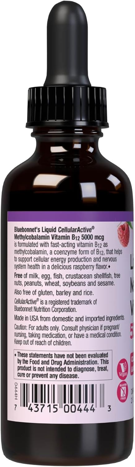 Liquid Methylcobalamin Vitamin B12, 5000 mcg, 2 Fl Oz, Bluebonnet - Vegan, Gluten-Free, Raspberry Flavor