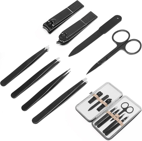 Tweezers and Fingernail Clippers Kit - 8 Pcs Professional Stainless Steel Manicure Tools with Case