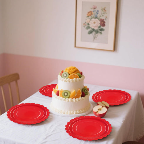 Xjoviative 50 9 Inch, 9 INCH) Pcs Red Paper Plates Scalloped Paper Plates Disposable Cake Dessert Dinner Plate