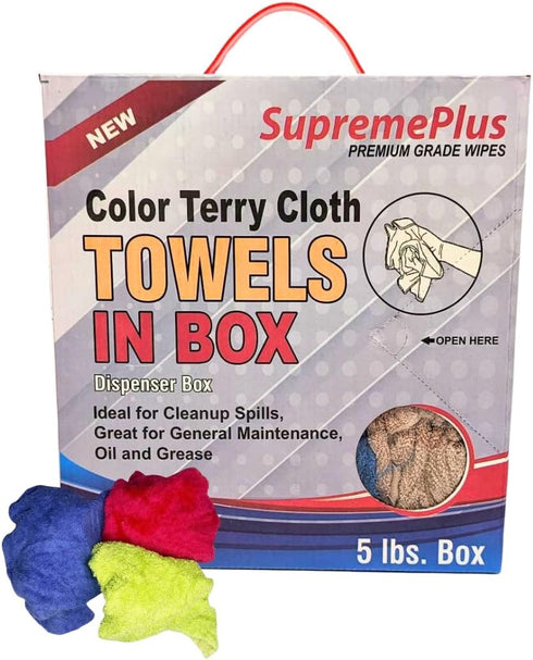 Premium Color Terry Cloth Rags, 5 lbs. Compressed Box | Heavy Duty Rag for Home & Commercial, 100% Reusable, Absorbent