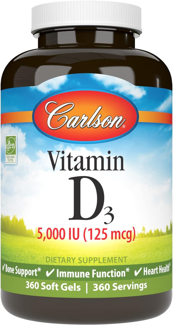 Carlson Vitamin D3 5000 IU (125 mcg), 360 Softgels - Bone & Muscle Health, Cholecalciferol, Vitamin D Supplements