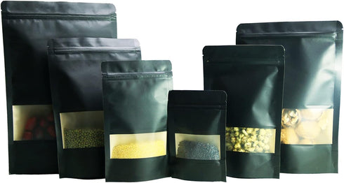 50pcs Black Kraft Paper Stand Up Pouches, 7x10inch Ziplock Food Storage Bags with Matte Window