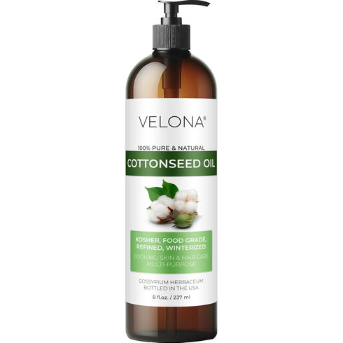 velona Cotton Seed Oil 8 fl oz, 100% Pure Natural Carrier Oil, Refined Cold Pressed for Cooking and Skin