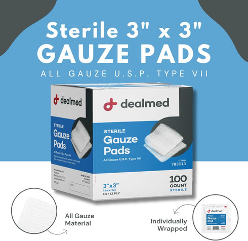 Dealmed 3’’ x 3’’ Sterile Gauze Pads, 100 Count, Disposable and Individually Wrapped for First Aid