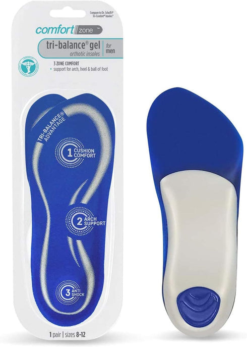 Comfort Zone Tri-Balance Gel Orthotic Insoles for Men, 3/4 Length Inserts for Men‘s Shoe Sizes 8-12