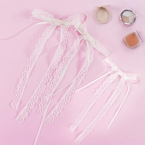 Lace Hair Bow with Long Tail Coquette Bows - Elegant White Ribbon Hair Accessory for Women (A Pair)
