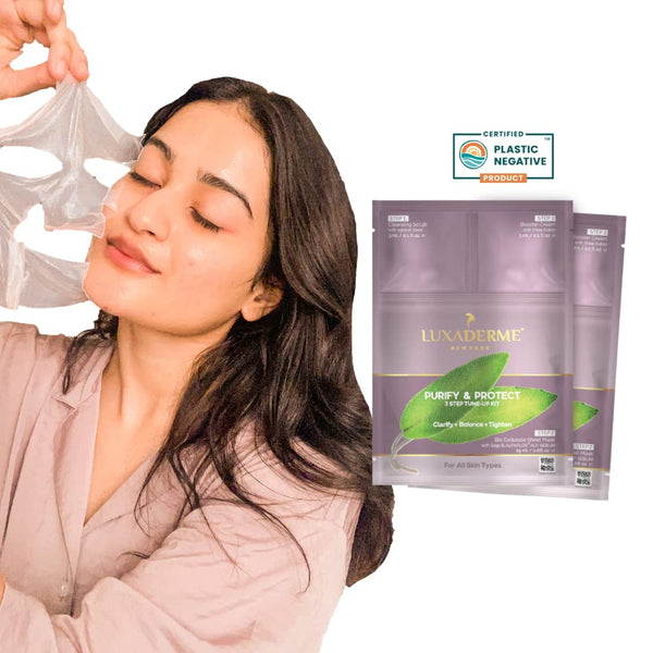 LuxaDerme Purify & Protect 3 Step Tune-Up Kit - Cleansing Scrub, Bio Cellulose Sheet Mask, Booster Cream