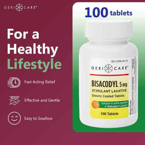 GeriCare Bisacodyl 5 mg Laxative Coated Tablet, Generic for Dulcolax, 100 Count, Pack of 2