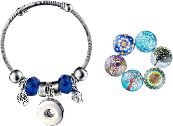 FENELY Snap Bracelet Button Jewelry Charms Tree of Life Elephant Womens Silver