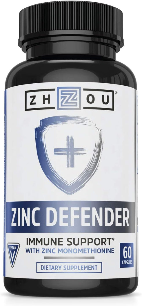 Zhou Nutrition Zinc Defender Capsules - Immune Support with Zinc Monomethionine, Gluten Free, 60 Capsules