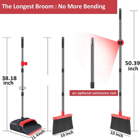 kelamayi Broom and Dustpan Set - Stand Up Combo for Home, Office, Indoor & Outdoor Sweeping (Black & Red)