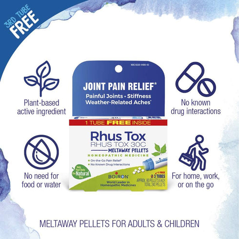 Boiron Rhus Tox 30C Homeopathic Medicine for Joint Pain, Muscle Aches, 3 Count (Pack of 1) (Total 240 Pellets)
