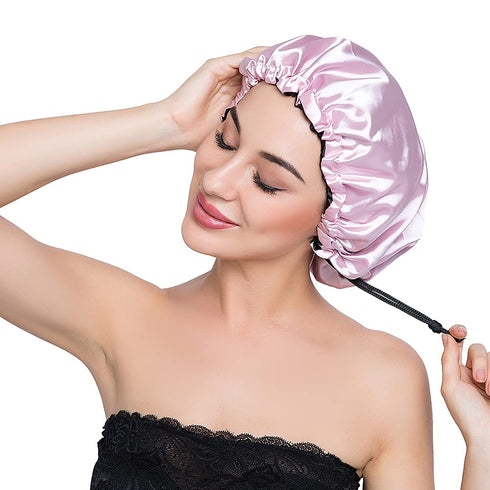 Stain Bonnet Silky Sleep Cap Adjustable Satin Cap for Night Sleeping - Reversible Double Layer Light Purple/Black