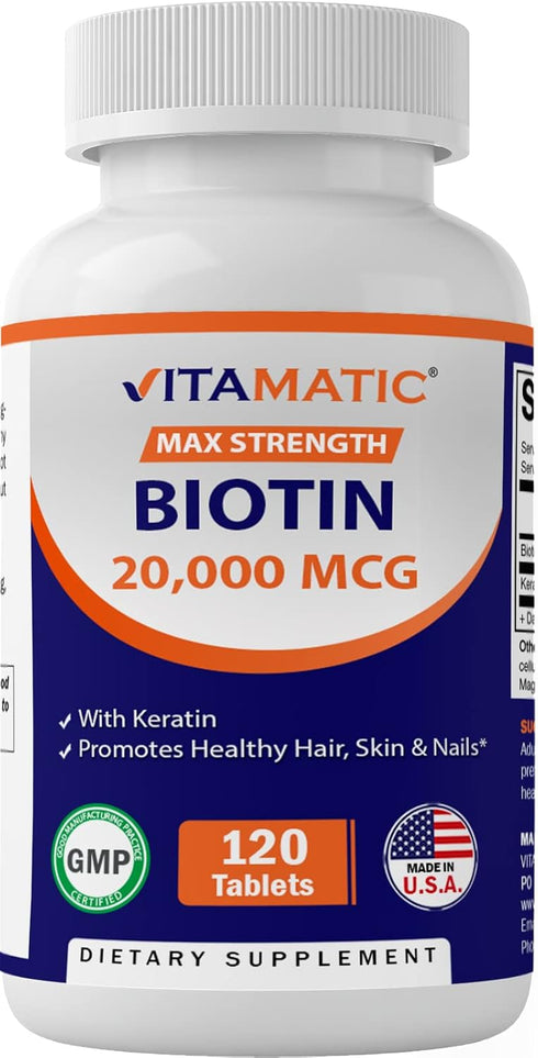 Vitamatic High Potency Biotin 20000 mcg (20mg) with Keratin 100mg - 120 Vegetarian Tablets for Healthy Hair Skin Nails