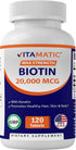 Vitamatic High Potency Biotin 20000 mcg (20mg) with Keratin 100mg - 120 Vegetarian Tablets for Healthy Hair Skin Nails