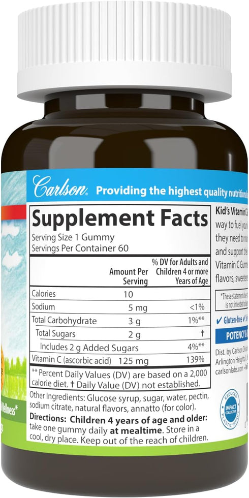 CARLSON LABS Kids Vitamin C Gummies - 60 Count for Immune Support