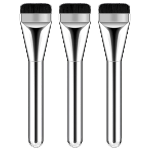 Foundation Brush Set, 3 Pcs Makeup Flat Brushes, Portable Facial Tools for Cream, Powder, Liquid - Silver