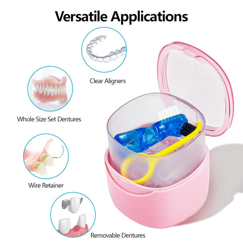 Leak Proof Partial Denture Case with Strainer Basket and Brush, Waterproof Cleaning Bath Case for Dentures, Braces,