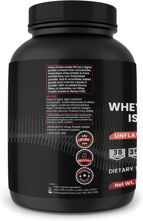 PURE ORIGINAL INGREDIENTS Whey Protein Isolate, 3 lb, Instantized, Unflavored