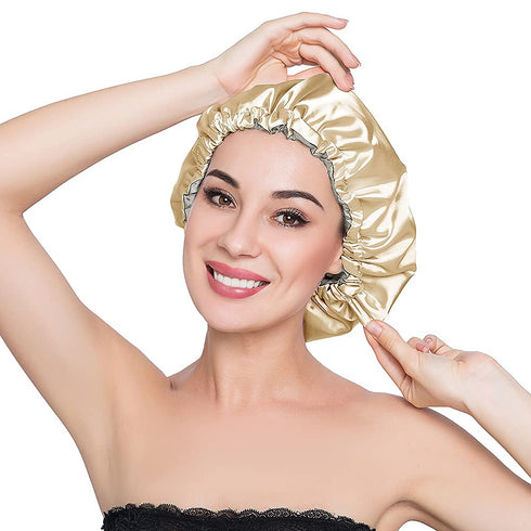 Stain Bonnet Adjustable Satin Sleep Cap - Reversible Double Layer Gold/Lime for Night Hair