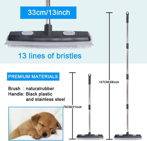 Pet Hair Rubber Broom with Carpet Rake and Squeegee, 2 in 1 Floor Brush, 58 Inch Adjustable Handle, Black