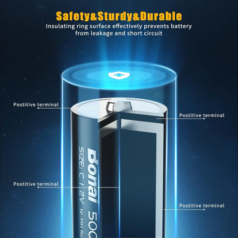 BONAI Rechargeable C Batteries, 5000mAh 1.2V Ni-MH High Capacity C Size Battery (4 Pack)