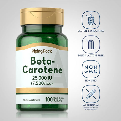 Piping Rock Beta Carotene 25000 IU Softgels, 100 Count, Vitamin A Supplement, Non-GMO, Gluten Free